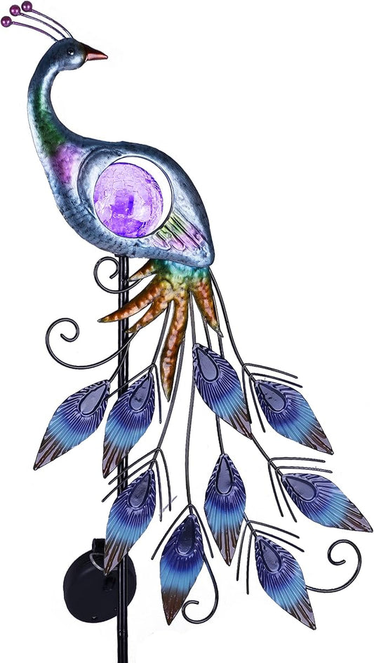 TERESA'S Collections Yard Decorations Outdoor for Garden Decor, Peacock Solar Outdoor Lights, 35.4'' Metal Lawn Ornaments for Outside with Crackle Glass Ball, Decorative Stake Gifts for Mom