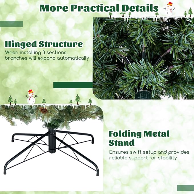 GOFLAME 7FT Pre-Lit Christmas Tree, Artificial Xmas Tree with 846 Branch Tips, 69 Pine Cones, 340 Warm White LED Lights, 8 Lighting Modes, Holiday Decoration Tree for Home, Shop & Office