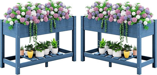 SERWALL Raised Garden Bed Set of 2, HDPE Raised Bed for Gardening All Weather Use- Blue