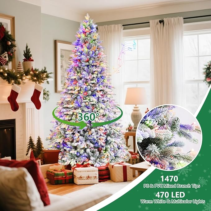 Rotating Flocked Christmas Tree 7.5ft - Prelit Musical Artificial Xtmas Tree with Remote Control, 1470 PE & PVC Mixed Tips, 8 Modes 470 Multicolor LED Lights for Holiday Decor