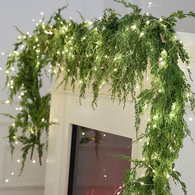 MISSPIN 6ft Christmas Garland with Lights, Real Touch Cedar Pine Garland, Green Artificial Greenery Garland for Table, Mantle, Wall, Indoor, Outdoor Christmas Decorations