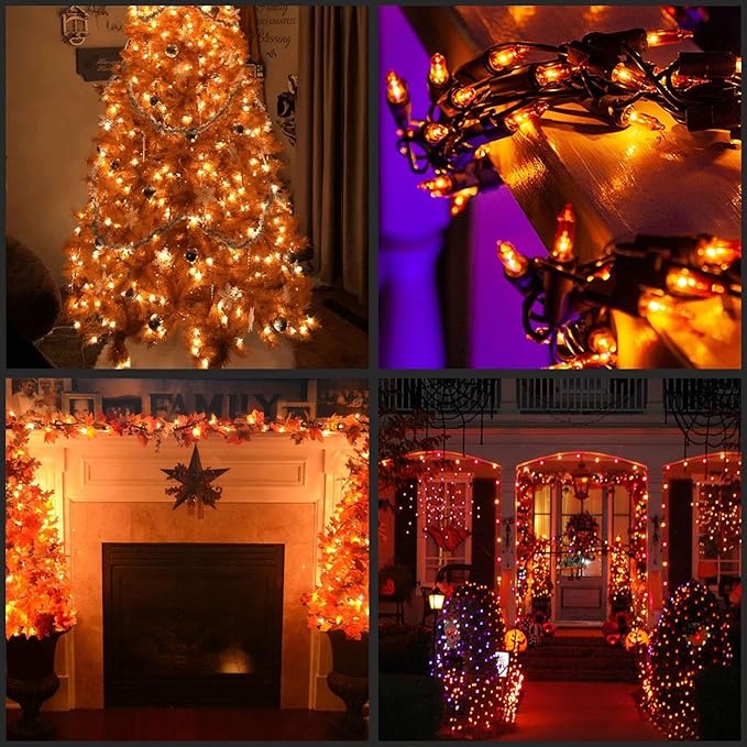 YULETIME 100 Count Orange Christmas Lights, 33 Feet Green Wire UL Certified Incandescent-Like LED Mini String Lights