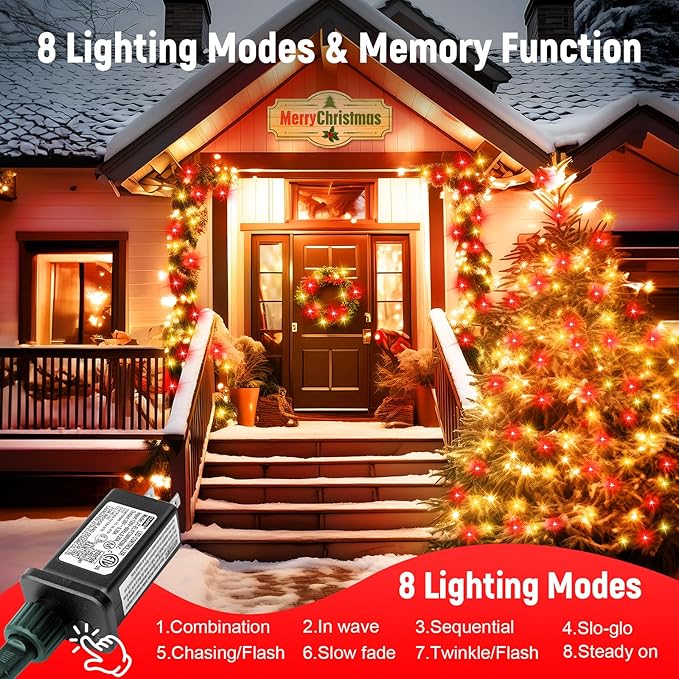 Minetom 328 Ft 1000 LED Christmas Tree Lights Outdoor Indoor String Lights with 8 Modes Waterproof Twinkle Xmas Light with Remote, Plug in Rice Lights for Tree Christmas Decorations, Red & Warm White