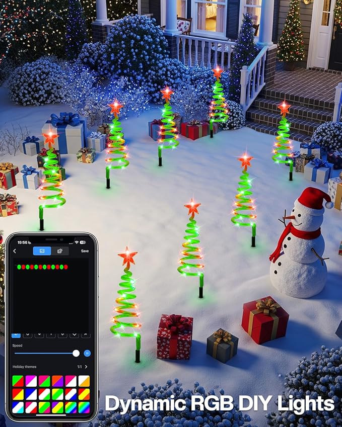 8 Pack Smart Christmas Pathway Lights Outdoor APP Control, Multicolor Connectable Spiral Tree Lights with RGB DIY, Music, Timer, Waterproof LED Christmas Outdoor Decorations for Pathway, Yard,Walkway