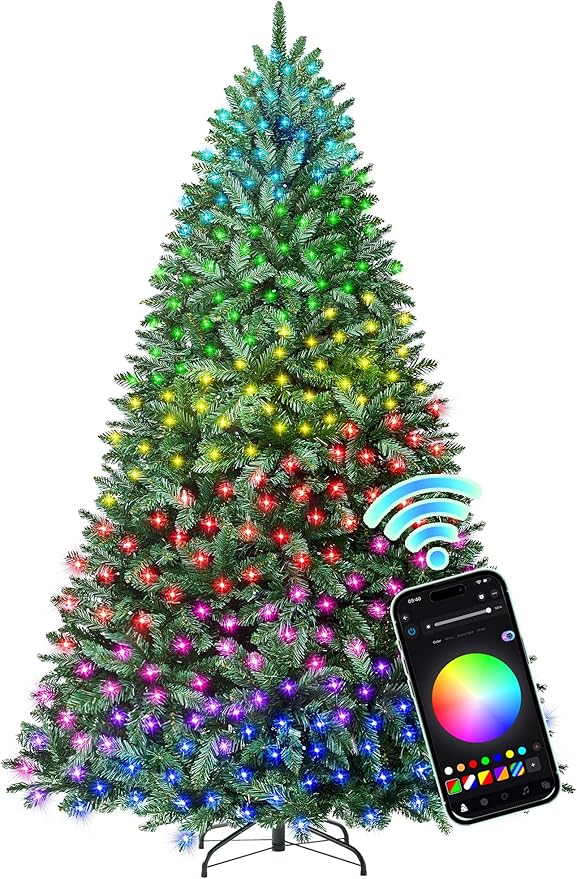 HOLLO STAR 7.5 ft Prelit Christmas Tree with 396 LED Lights, App Control, Artificial Christmas Tree with Multi-Color RGBW Lights, 1542 Branch Tips, Metal Base, Easy to Assemble, for Home, Party