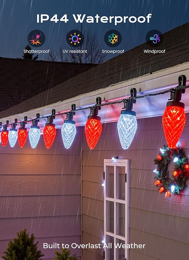 C9 Outdoor Christmas Lights, 72 FT 110 LED C9 String Lights, 8 Modes & Timer Extendable Waterproof for Christmas Tree Indoor Outdoor Roofline Patio Outside Garden Yard Holiday Xmas Decor, Red White