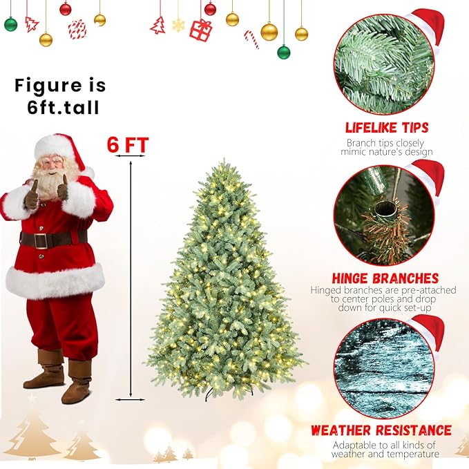 6FT Prelit Christmas Tree, Premium Blue Artificial Spruce Christmas Tree with 500 Lights & 1878 PE/PVC Branch Tips, Memory Wire Pre Lit Full Hinged Xmas Trees with Metal Base for Holiday Decoration