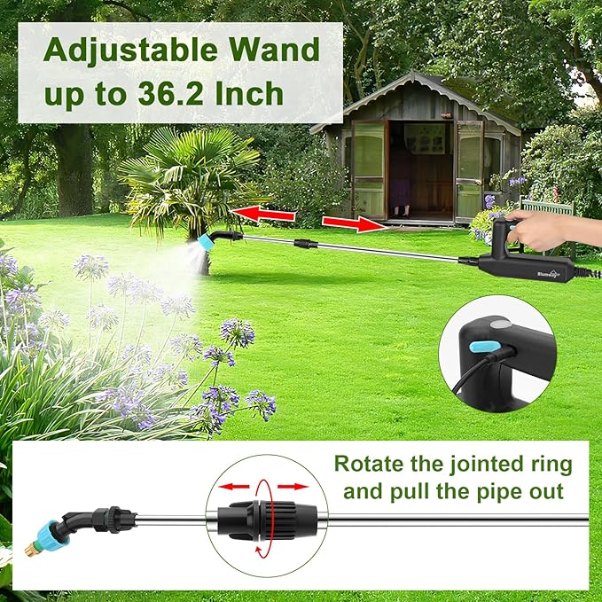 BlumWay Battery Powered Sprayer 2 Gallon, 7.4V Powerful Electric Sprayer with 5 Mist Nozzles,Rechargeable Handle, Retractable Wand, Adjustable Shoulder Strap for Lawn,Garden