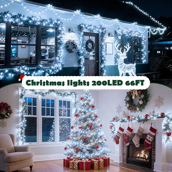 Christmas Lights Indoor Outdoor Waterproof, 66FT 200 LED 8 Modes Cool White Light String Lights for House Decorations, Ideal for Christmas Trees, Wedding, and Party