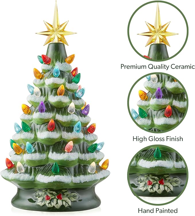 Casafield Hand Painted Ceramic Christmas Tree, Green Snow Flocked 12-Inch Pre-Lit Tree with 100 Multi Color Lights and 2 Star Toppers