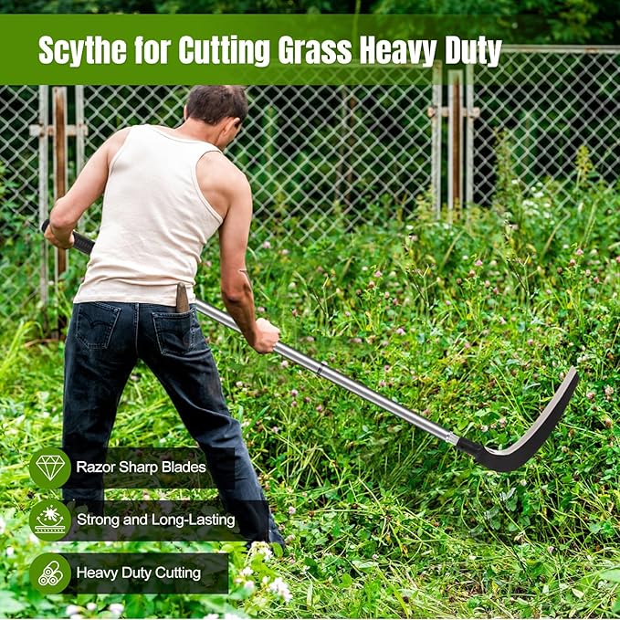 Scythe Tool for Grass Cutting, Weeding Sickle Garden Tools for Clearing Bushes, Brush, Vines in Yard, Fields, Ditches, Paths, Landscaping, Weed Razor Cutter Machete for Farming Harvesting