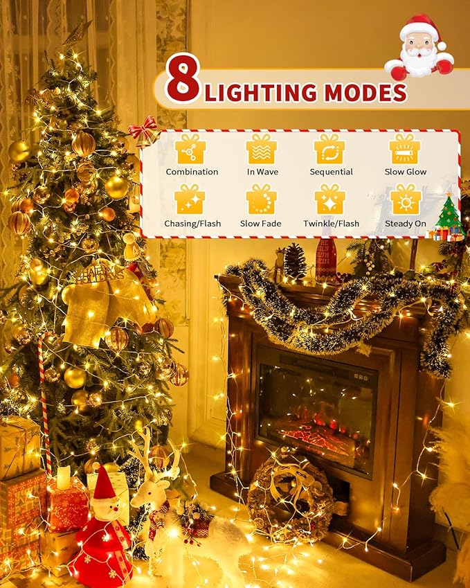 300 LED 108FT Christmas Lights String Outdoor Indoor, Warm White Xmas Tree Lights, Plug in Twinkle Fairy Light with Remote Timer Dimmable for Room Yard Holiday Party Wedding Camping Decor