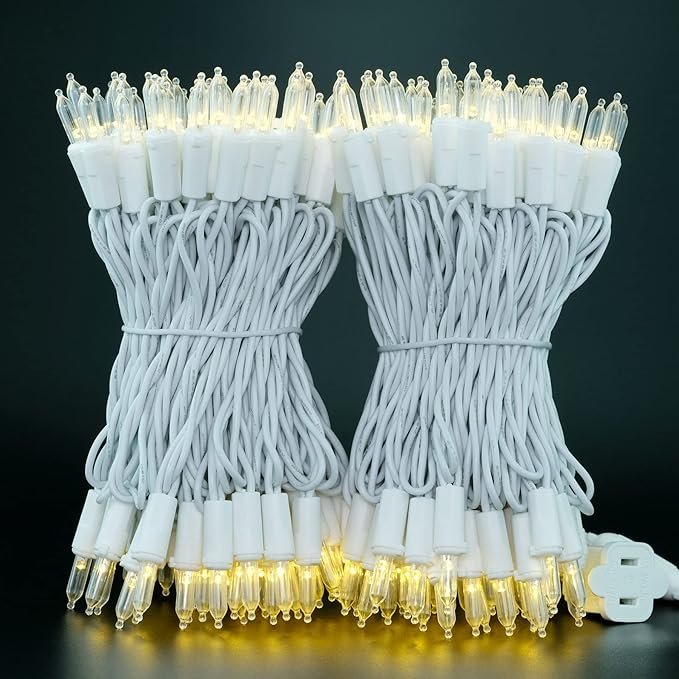 YULETIME 200 Warm White LED Christmas Lights, 66 Feet White Wire UL Certified Commercial Grade Holiday String Light Set