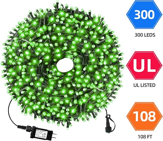 Upgraded 105FT 300LEDs Christmas Lights Outdoor Indoor String Lights 8 Modes Memory Function for Christmas Tree Party Decoration (Green)