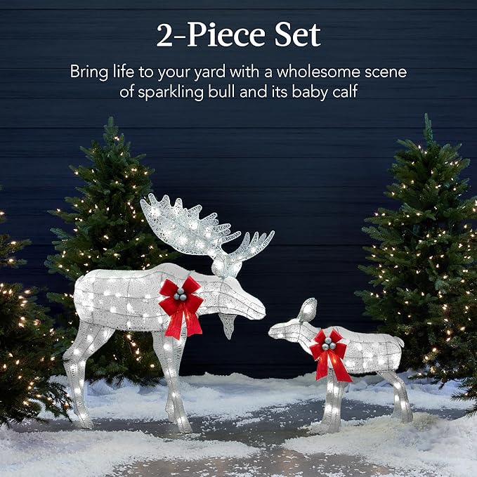 Best Choice Products 2-Piece Moose Family, Lighted Outdoor All-Weather Christmas Yard Decoration Light-Up Décor Set w/ 170 LED Lights, Ground Stakes, Zip Ties - Silver