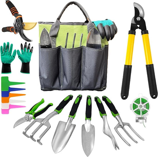 Gardening Tools – 42 Piece Premium Gardening Tool Set,Heavy Duty Hand Tools with Fashion Garden Tools Organizer Handbag,Rust-Proof Gardening Tool Kit, Ideal Gardening Gifts for All (Green/Grey)