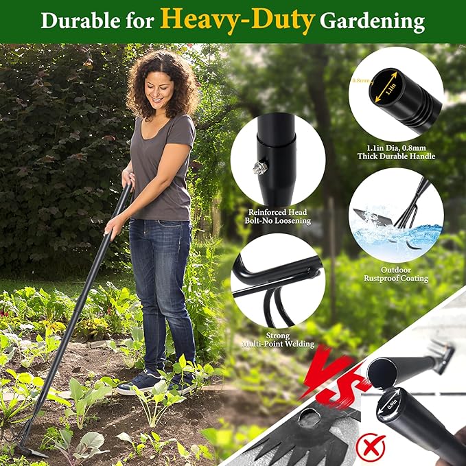 2 in 1 Hoe Garden Tool for Weeding& Cultivator - 52 inch Heavy Duty Garden Hoe with Upgraded Claw 3-Tine Tiller Rake,Long Handle Weed Grass Removal Tools for Gardening,Soil Loosening,Planting,Digging