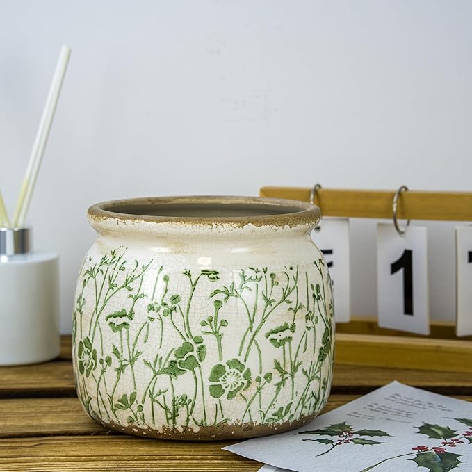 Vintage Ceramic Ice Crack Flower Pot with Drainage Holes, Country Rustic Planters for Indoor and Outdoor,Tuscan Decor,Home,Living Room, Garden Decor, Gardening Gift (Asian)