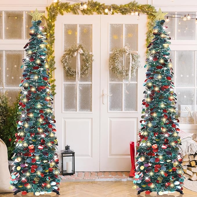 HMASYO 6 FT Pop Up Christmas Tree with 100 LED Lights & Remote, Green Christmas Tinsel Tree, Collapsible Artificial Pencil Tree for Home Office Party Decor, USB Powered Timer Lights, Easy Assembly