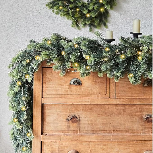 PARTY JOY 6FT Christmas Garland with LED String Lights, Artificial Pine Cypress Garland, Christmas Decorations Table Mantle Background Wall Room Winter Garland Outdoor Indoor Christmas Decor