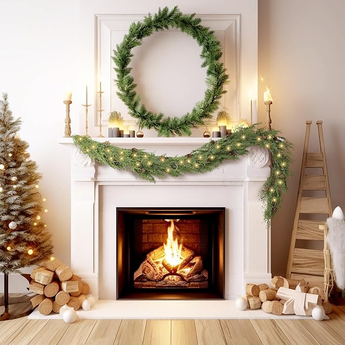 WBHome Real Touch Cypress Cedar & Pine Cone Evergreen Garland for Christmas Holiday Seasonal Outdoor/Indoor Home Decor, 6FT Long