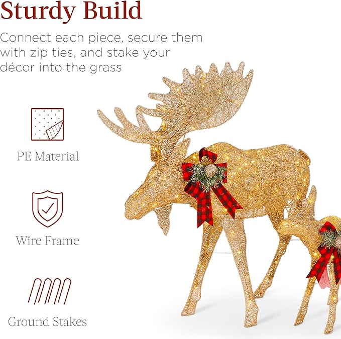 Best Choice Products 5ft 2-Piece Moose Family, Lighted Outdoor Christmas Yard Decoration, Light-Up Décor Set w/ 370 LED Lights, Zip Ties - Gold