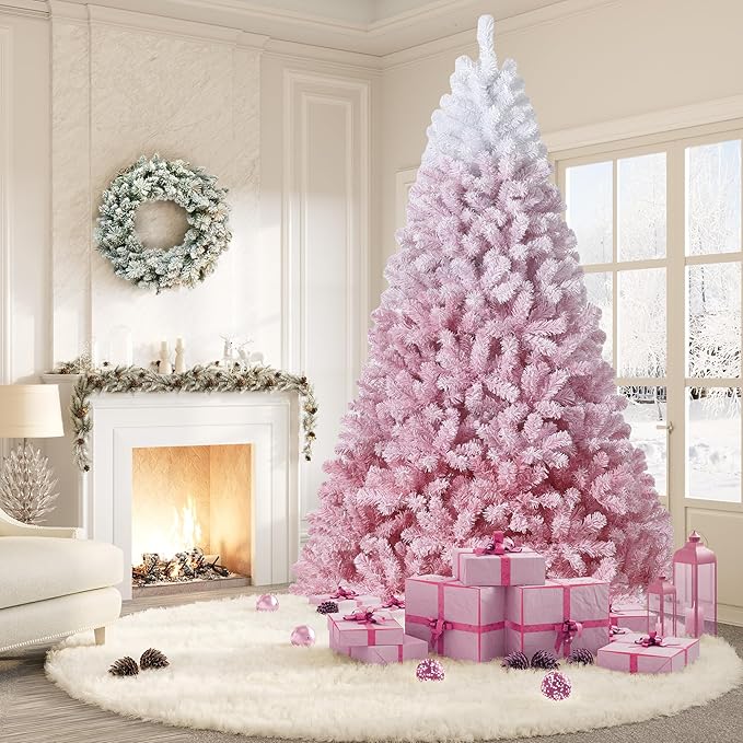 GarveeHome 7.5ft Prelit Artificial Christmas Tree with 450 RGB & Warm White Lights, Pre-Lit Snow Flocked Christmas Tree, Foldable Base,Holiday Decoration for Home, Office, Party,Pink Gradient