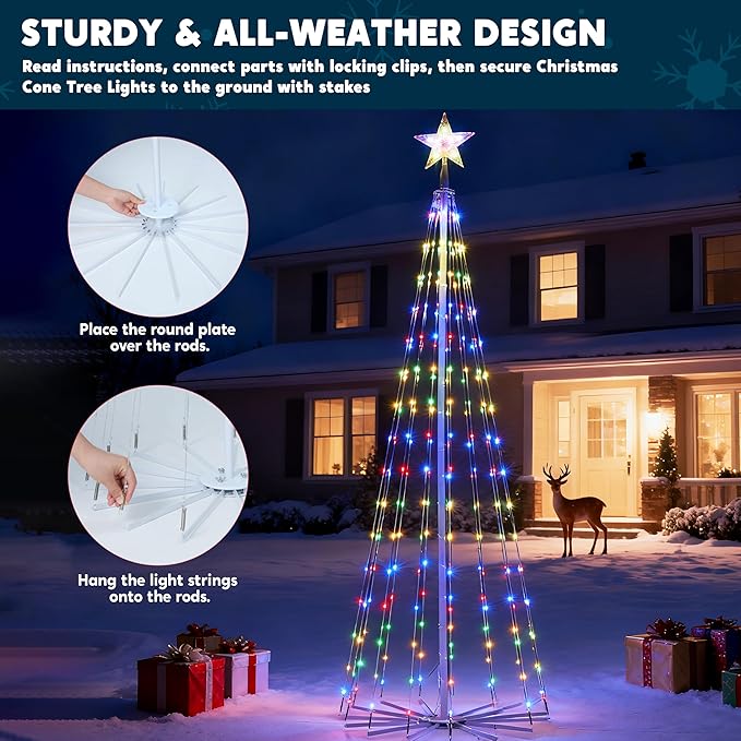 JOIEDOMI LED Christmas Cone Tree Lights, 6FT Outdoor Lighted Tree with 8 Lighting Modes & Star Topper, Christmas Decorations for Yard Porch Patio Garden Holiday Decor, Warm White