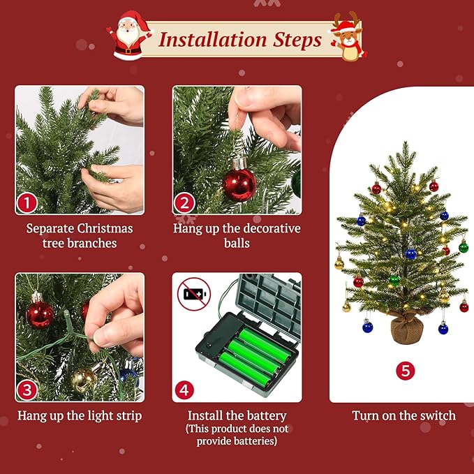 Uten Mini Christmas Tree Small Christmas Balls 18 PE Whitewash/1 Linen Base 50 LED Waterproof Battery Box with Christmas Decorations for Home, Office, Party