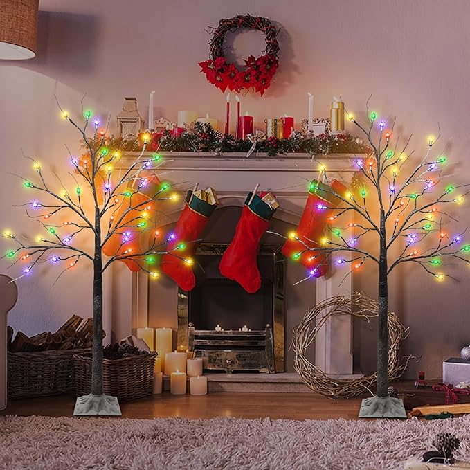 2 Pack 4 FT Birch Tree with 96 LED Multicolor Lights, Artificial Lighted Birch Tree Snowy Light Up Birch Twig Christmas Tree for Party Home Mantel Porch Yard Indoor Outdoor Decor