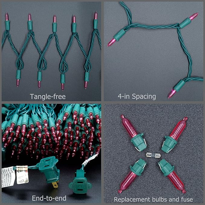 YULETIME 200 Count Pink LED Christmas Lights, 66 Feet Green Wire UL Certified Commercial Grade Holiday String Light Set (Pink)