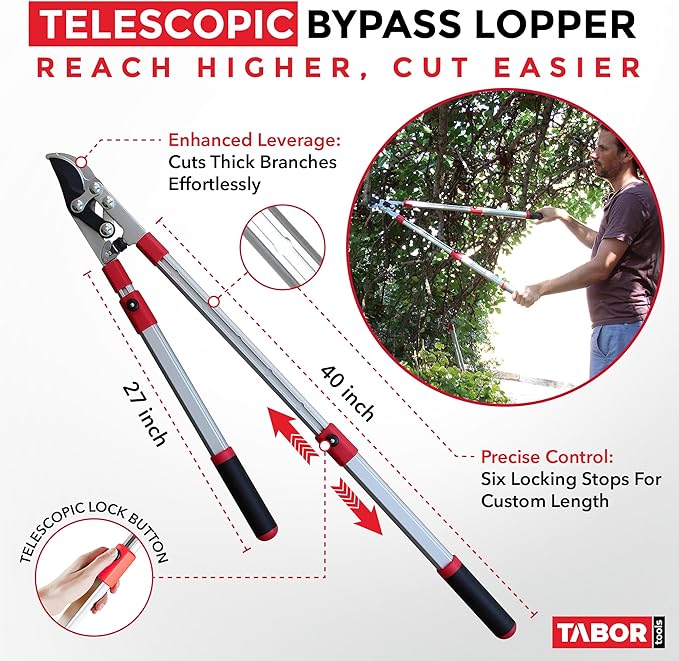 TABOR TOOLS GG21A Extendable Bypass Lopper with Compound Action, 27-40 Inch Telescopic Tree Trimmer, Long Handled Branch Cutter with ⌀ 1 1/2 Inch Cut Capacity, Makes Clean Neat Cuts.