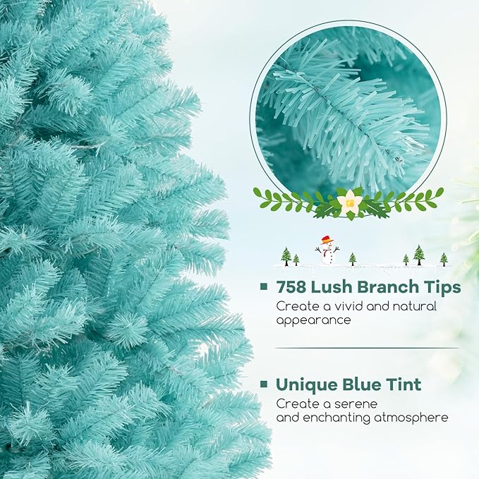 Goplus 6 FT Blue Pre-Lit Christmas Tree, Artificial Hinged Xmas Full Tree with 280 Warm White LED Lights, 758 Lush Branch Tips, Foldable Metal Stand, for Seasonal Home Office Decoration