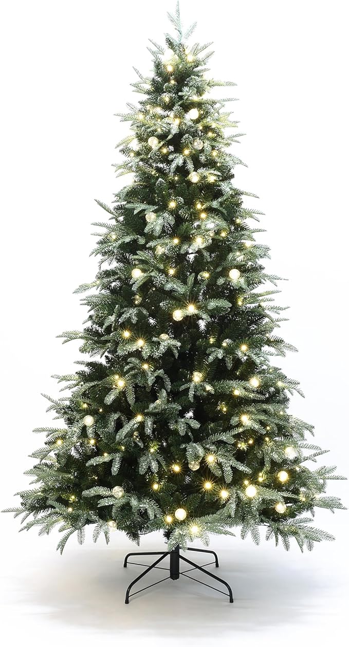 LuxenHome 6.5FT Prelit Christmas Tree with Lights, Green Flocked Artificial Christmas Tree with 350 LED Globe Lights, 1473 PE+PVC Branch Tips, Plug-in Prelit Pine Tree Indoor, Outdoor Holiday Décor