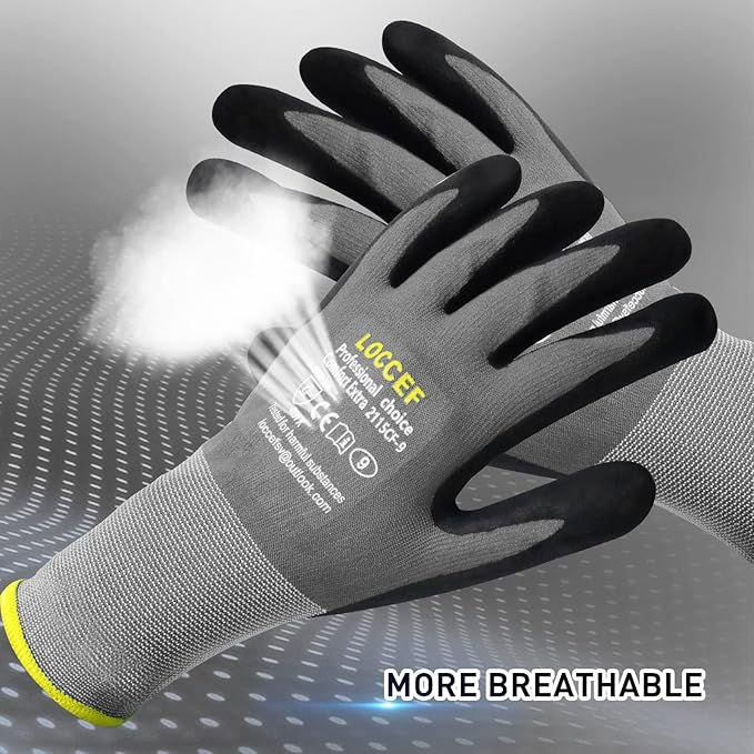 LOCCEF Safety Work Gloves MicroFoam Nitrile Coated-6 Pairs,Endurance Seamless Knit Nylon,Dots on palm,Tacky Dot Grip Gloves