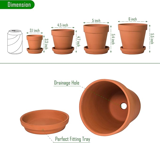 D'vine Dev Set of 4 Small Clay Planters, 3 Inch 4.5 Inch 5 Inch 6 Inch Terracotta Plant Pots with Drainage Hole and Saucers for Indoor Plants, 588-57-1