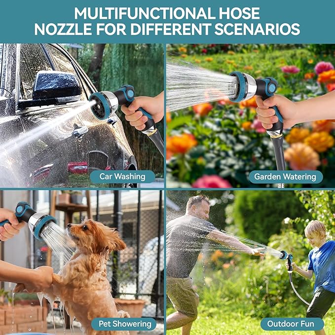 Garden Water Hose Nozzle Metal Heavy Duty Sprayer Thumb Control with 10 Spray Modes Suitable for Watering Plants, Iawn and Garden, Car Washing, Cleaning, Showering Pets and Outdoor Fun, Blue