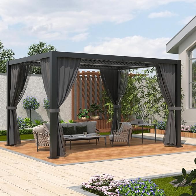LVUYOYO Outdoor Louvered Pergola 10' x 13', Aluminum Pergola with Adjustable Roof, Waterproof Metal Gazebo with Curtains and Netting for Patio, Backyard, Garden, Deck (Black)