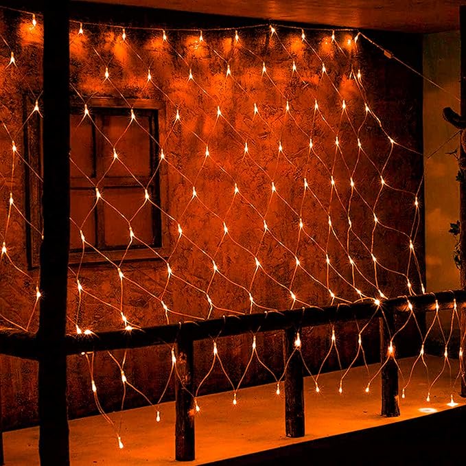 Dazzle Bright Halloween 200 LED Net Lights, 9.8 FT x 6.6 FT Connectable Mesh Lights Clear Wire with 8 Lighting Modes, Halloween Decorations for Indoor Outdoor Bush Yard Garden Decor (Orange)