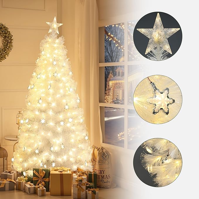 LuxenHome 6FT White Christmas Tree, 13 Lighting Funtions Artificial Fiber Optic Christmas Tree with 227 LED Lights, 432 PVC and Bristle Tips, Plug-in White Xmas Trees for Living Room, Entryway Decor