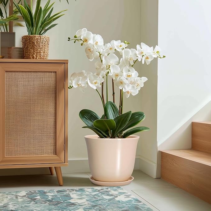 Ceramic Plant Pots - 12 Inch Plant Pot with Drainage Hole and Tray, Large Round Flower Pot for Indoor Outdoor, Modern Planter, Decorative Planters, Home Garden Decor, Beige