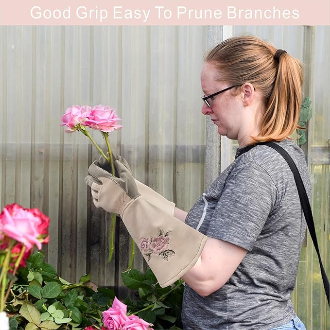 Long Gardening Gloves for Women,Durable Rose Pruning Gloves Thorn Resistant for Weeding Planting Digging(1 Pair)