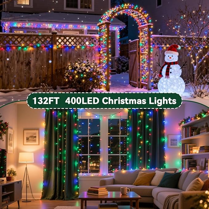 Christmas Lights Indoor Outdoor Waterproof, 132FT 400 LED Multicolor String Lights for House Decorations, Ideal for Christmas Trees, Wedding, and Party