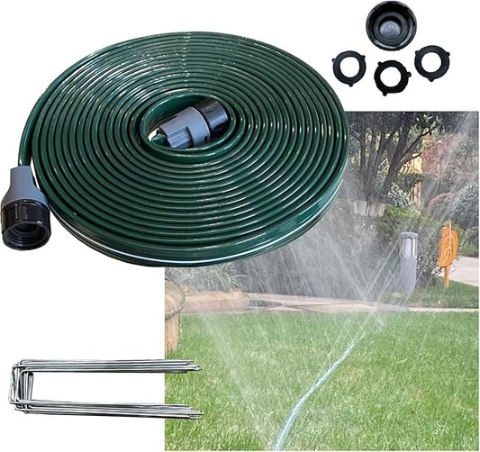 Watoo 2025 Sprinkler Hose & Soaker Hose for Yard - 25 FT Reinforced Flat Garden Hose with Holes, Heavy Duty No-Kink Lawn Irrigation Hose (Includes Stakes, High Pressure Spray)