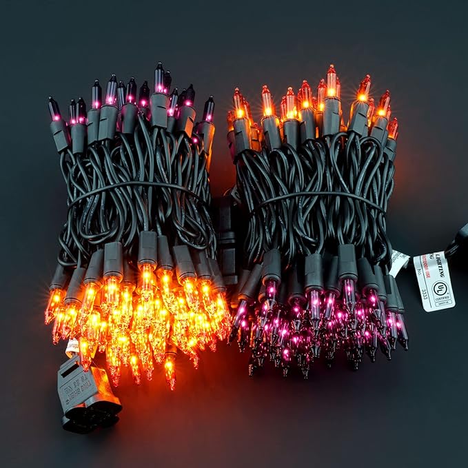 YULETIME 200 Orange & Purple Christmas Lights, Pack of 2 Strands of 21 ft 100 Count UL Certified Incandescent Mini String Light (Orange & Purple - Black Wire)