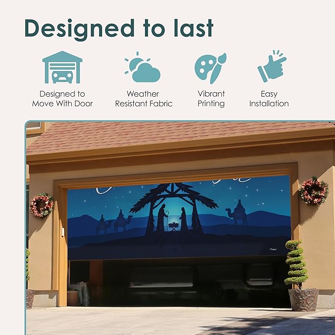 7' x 16' Peaceful O Holy Night Nativity Garage Door Banner - Designed to Move with Door | Sacred Christmas Double Garage Door Decoration