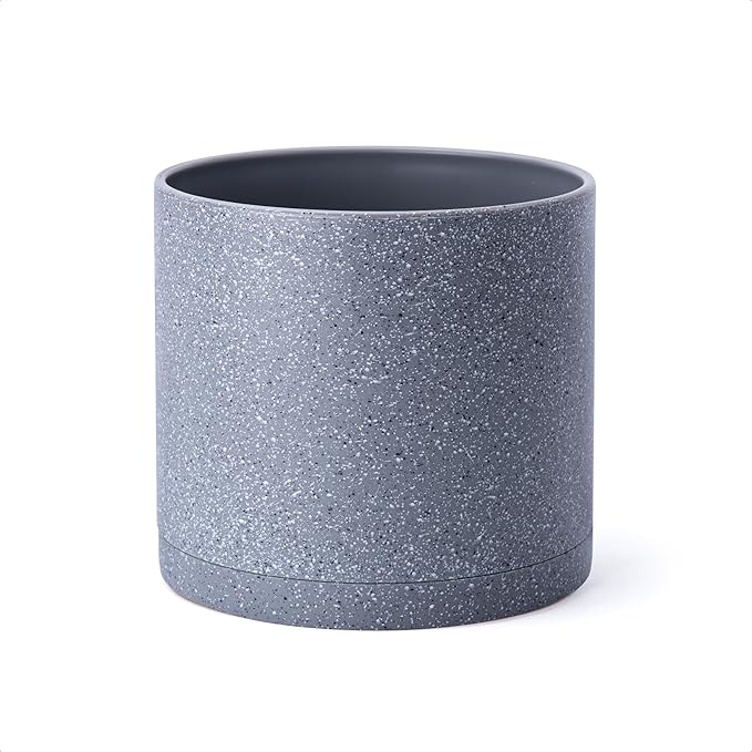 D'vine Dev 8 Inch Plastic Planter Pots for Plant Pot with Drainage Hole and Seamless Saucers, Speckled Gray Color, 74-X-G-1