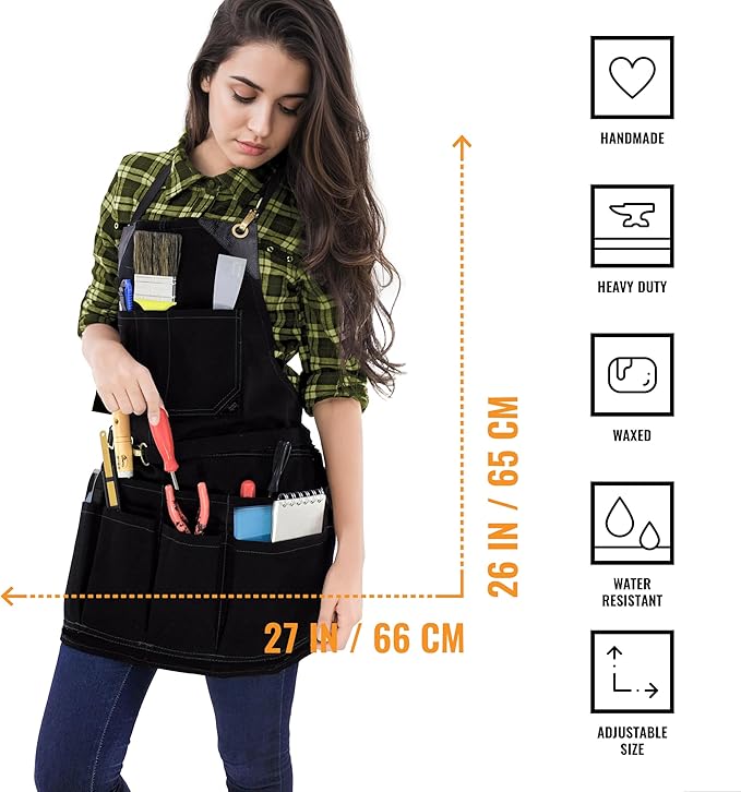 Under NY Sky Tool Black Apron – Heavy-Duty Waxed Canvas, Leather Reinforcement, Extra Pockets – Adjustable for Men and Women – Pro Mechanic, Woodworker, Blacksmith, Plumber, Electrician, Welder Aprons