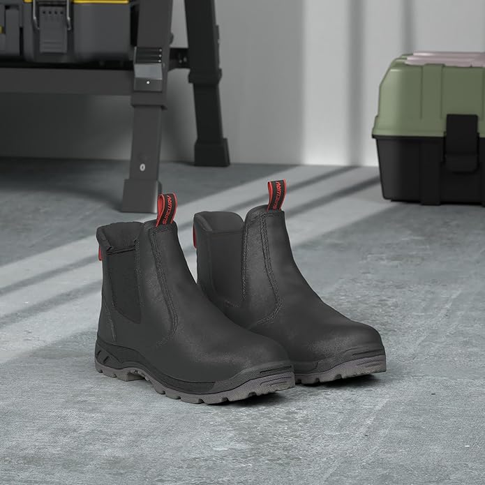 SUREWAY Men's Slip-On Work Boots for Men,Full Grain Leather,Anti-Static,Water/Slip Resistant,Fire Station Mechanic Industrial Construction Safety Boots/Shoes for Men