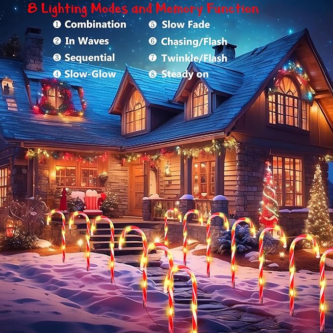 24 Pack Christmas Candy Cane Lights, Christmas Decorations Outdoor Waterproof with 8 Lighting Modes & Memory Function, Plug in Pathway Light for Outside Path Walkway Party Garden Yard Patio Xmas Decor